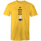 Life Begins After Coffee - Mens T-Shirt Yellow Mens T-shirt Coffee Printed In Australia
