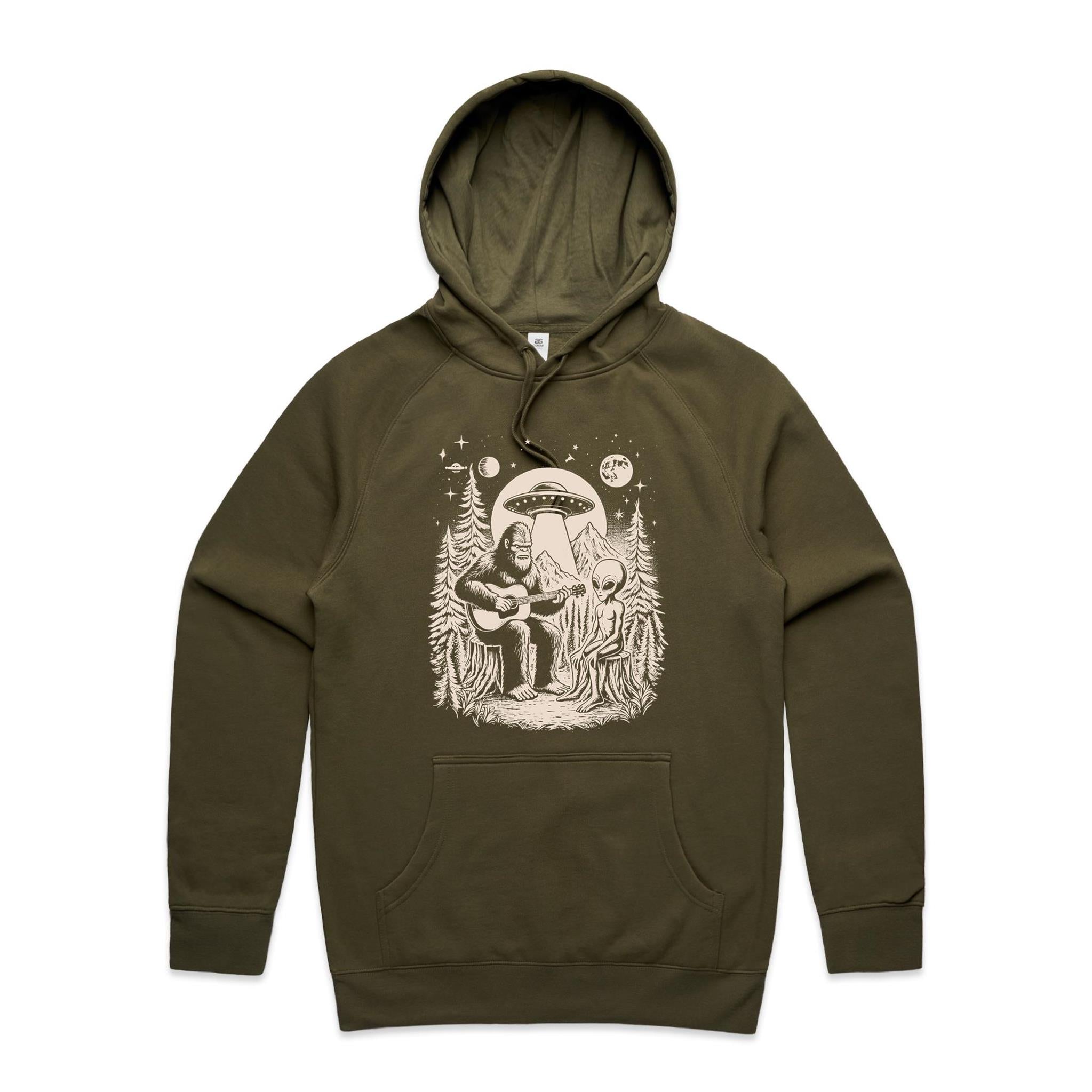 Alien And Bigfoot Playing Guitar - Mens Hoodie Army Mens Hoodie Music Printed In Australia Sci Fi