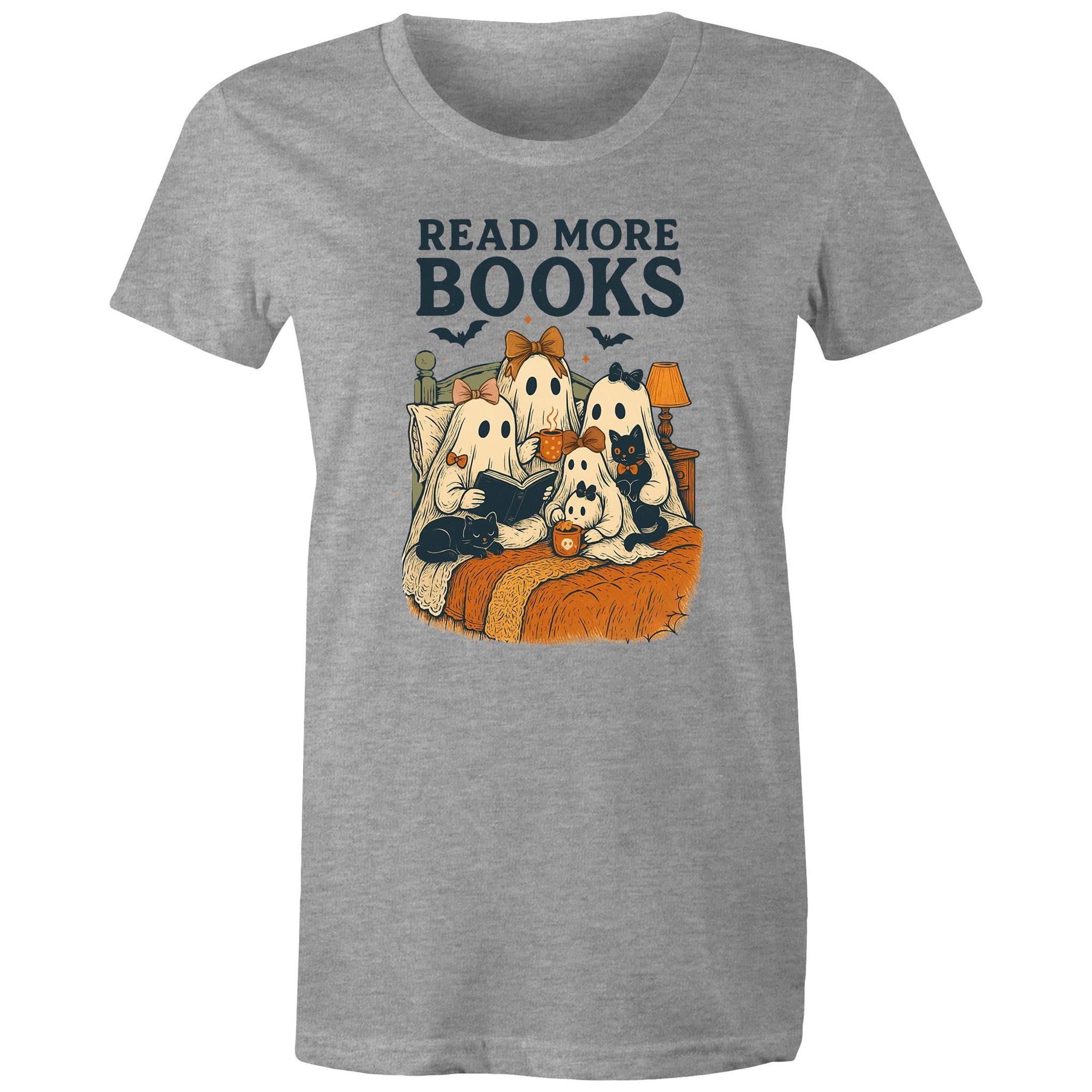 Read More Books, Halloween Ghosts - Womens T-shirt Grey Marle Womens T-shirt Halloween Printed In Australia Reading