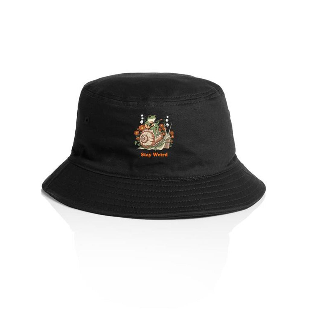 Stay Weird, Guitar Playing Frog On A Snail AS Colour Bucket Hat Black One Size As Colour Bucket Hat animal Music Printed In Australia
