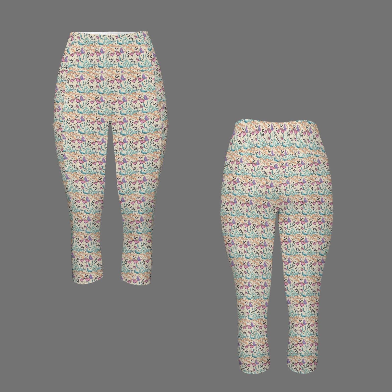 Butterfly Floral Women's High Waist Pocket Capri Yoga Leggings Women's High Waist Capri Yoga Leggings animal Printed Offshore