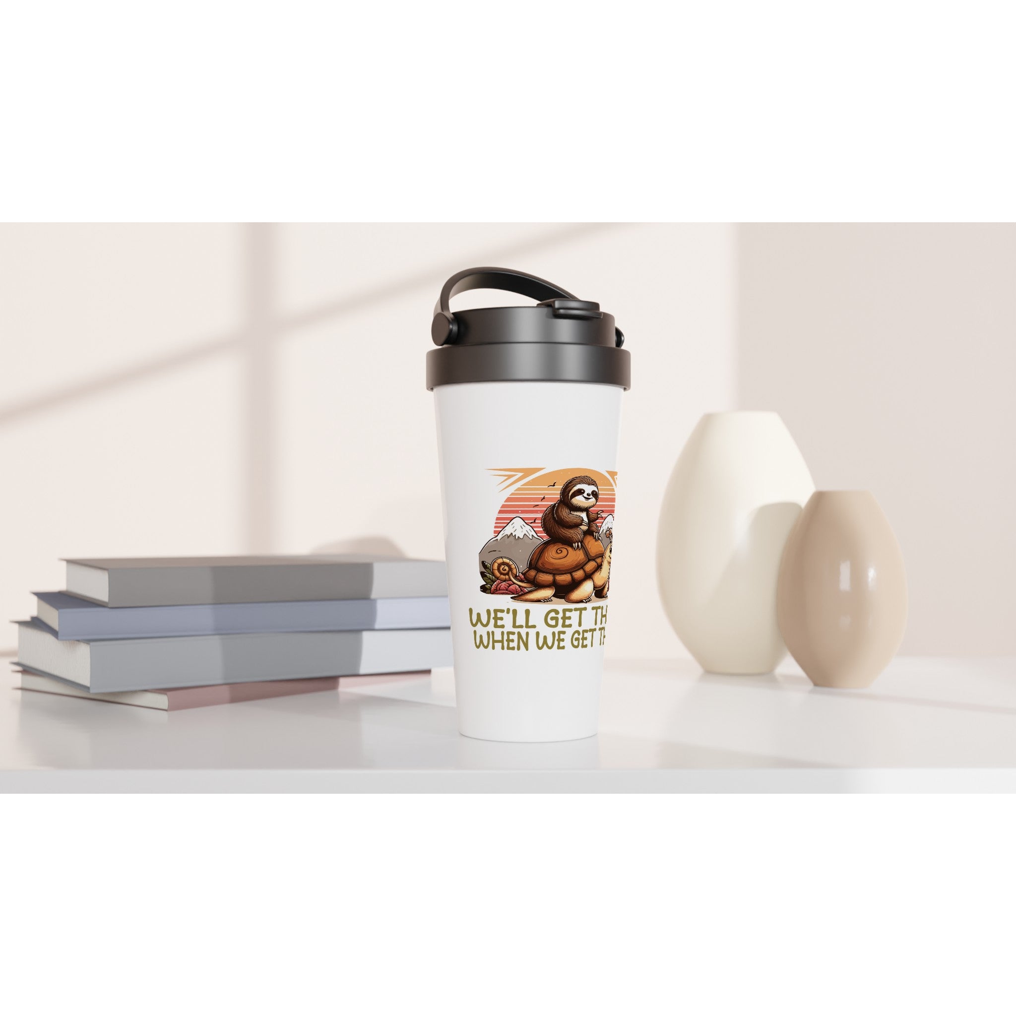 Sloth Race, We'll Get There When We Get There - White 15oz Stainless Steel Travel Mug Travel Mug animal Globally Fulfilled