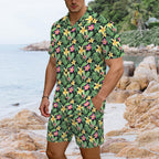 Frangipani Men's Hawaiian Shirt & Shorts Set Men's Hawaiian Shirt & Shorts Set Plants Printed Offshore