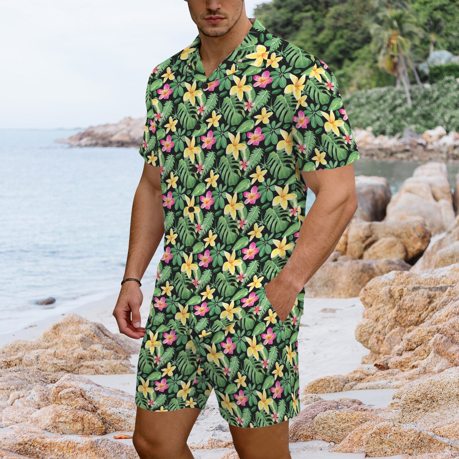 Frangipani Men's Hawaiian Shirt & Shorts Set Men's Hawaiian Shirt & Shorts Set Plants Printed Offshore