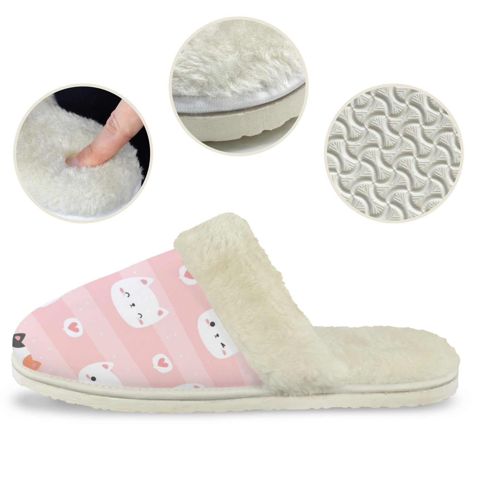 Pink Cats Women's Fur Trim Thick-Sole Indoor Slippers Women's Fur Trimmed Slippers animal Printed Offshore