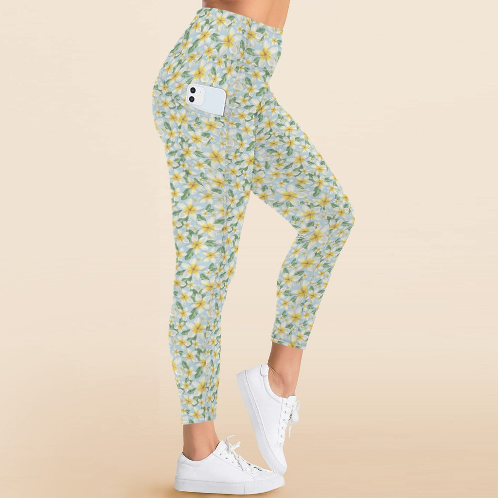 Delicate Frangipani Women's High Waist Pockets Yoga Leggings Women's High Waist Pockets Yoga Leggings Plants Printed Offshore