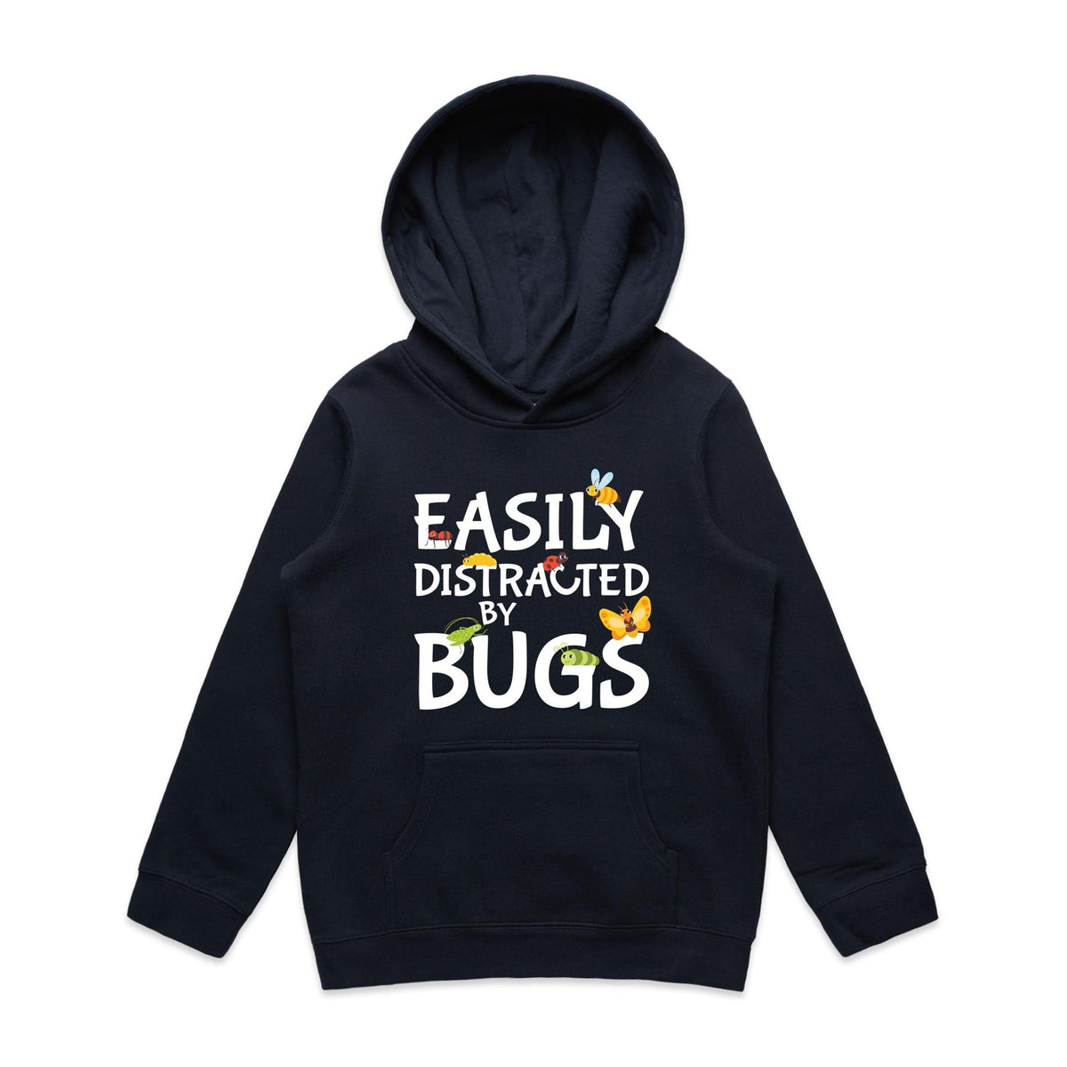 Easily Distracted By Bugs Kids AS Colour Hoodie Navy Kids Hoodie Printed In Australia