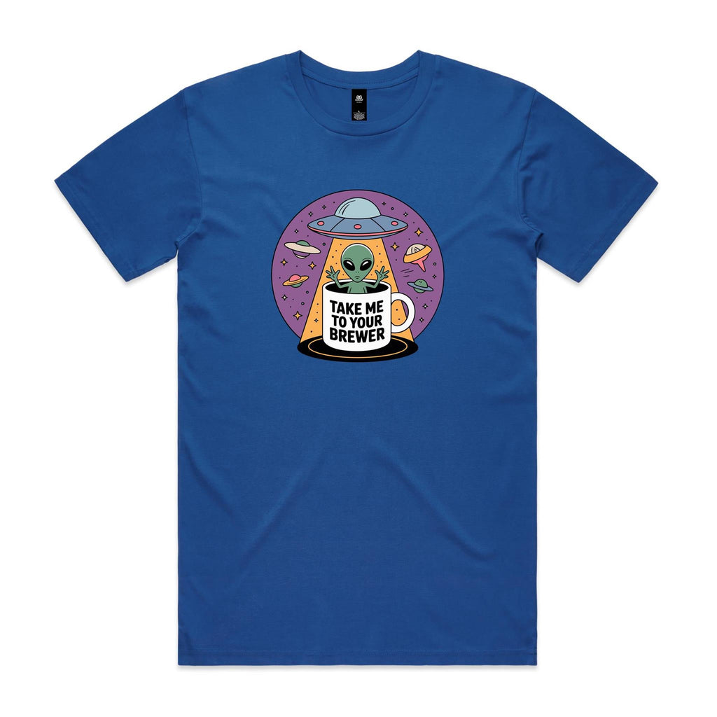 Coffee, Alien, UFO, Take Me To Your Brewer Men's AS Colour T-shirt Bright Royal Mens T-shirt Coffee Printed In Australia Sci Fi