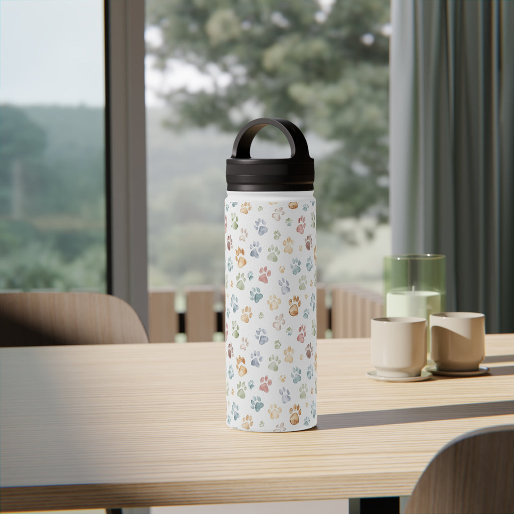 Paw Print Stainless Steel Water Bottle, Handle Lid White 18oz Stainless Steel Water Bottle With Handle Lid animal Globally Fulfilled