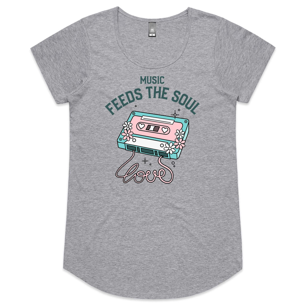 Music Feeds The Soul - Womens Scoop Neck T-Shirt Grey Marle Womens Scoop Neck T-shirt Music Printed In Australia