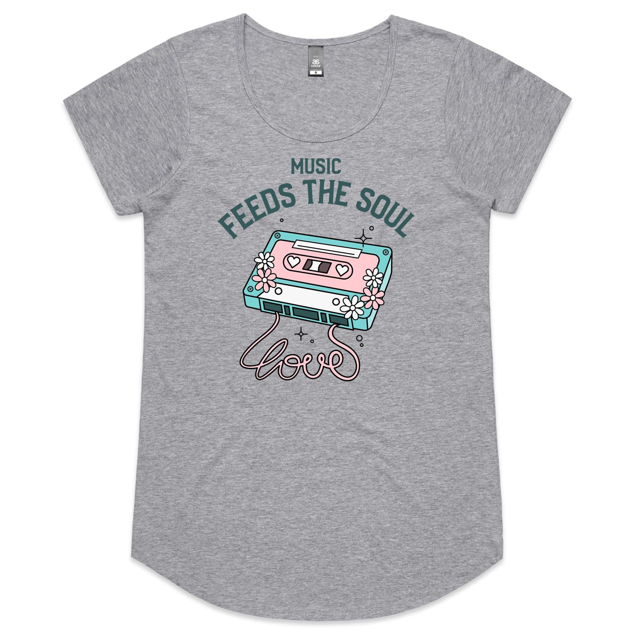 Music Feeds The Soul - Womens Scoop Neck T-Shirt Grey Marle Womens Scoop Neck T-shirt Music Printed In Australia