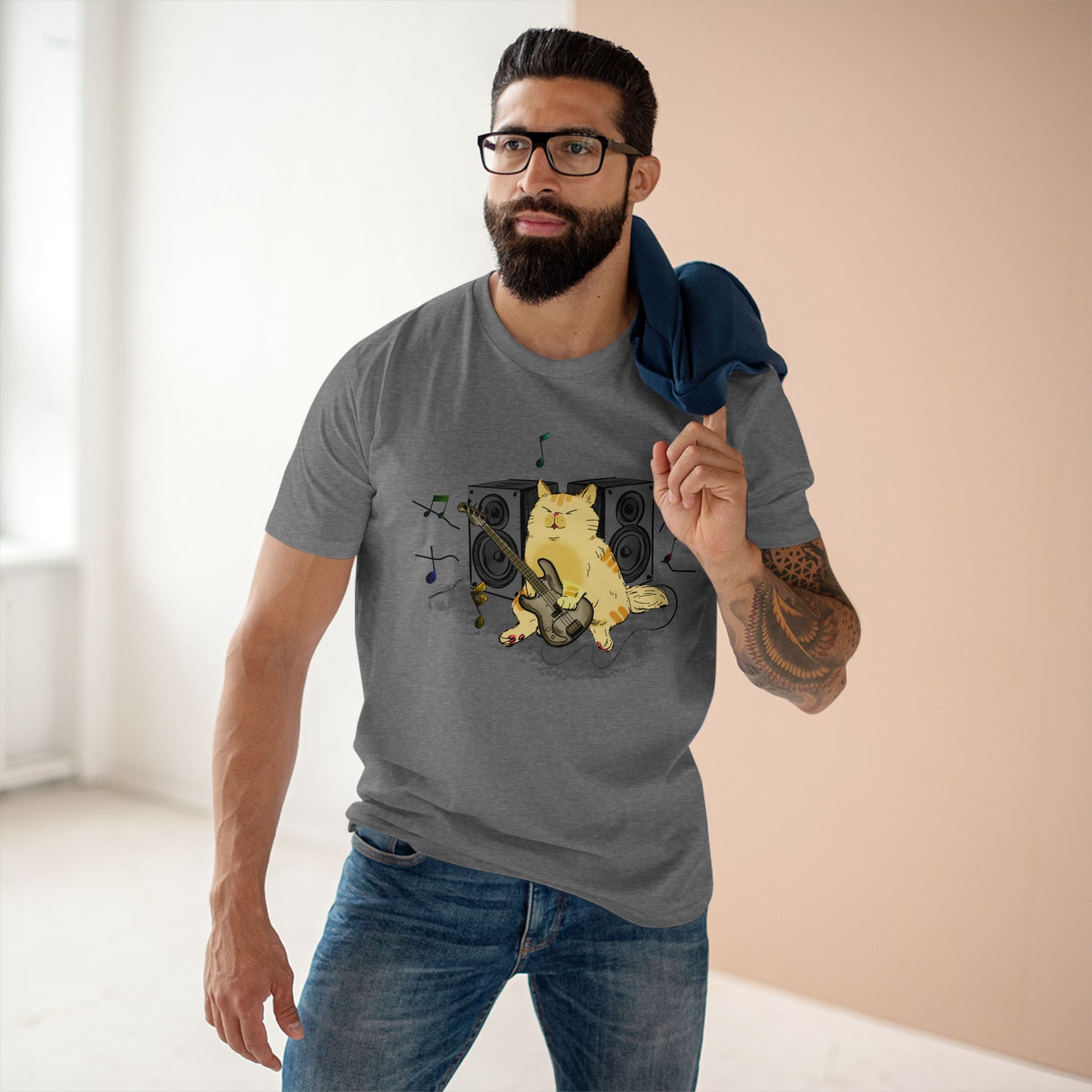 Cat Bass Player - Men's Staple Tee Athletic Heather Mens Premium T-Shirt Animal Music Printed in AU and US