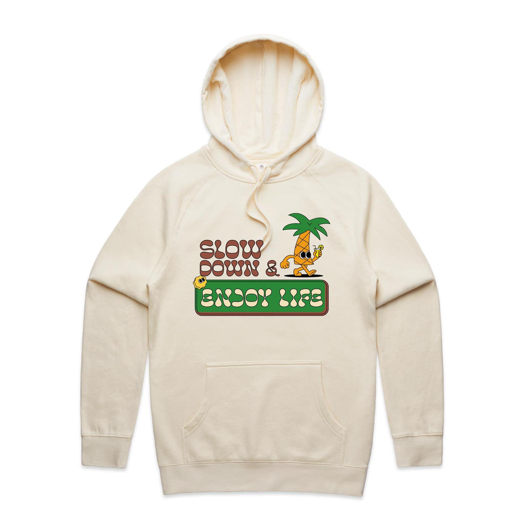 Slow Down And Enjoy Life, Palm Tree - Mens Hoodie Ecru Mens Hoodie Printed In Australia Summer