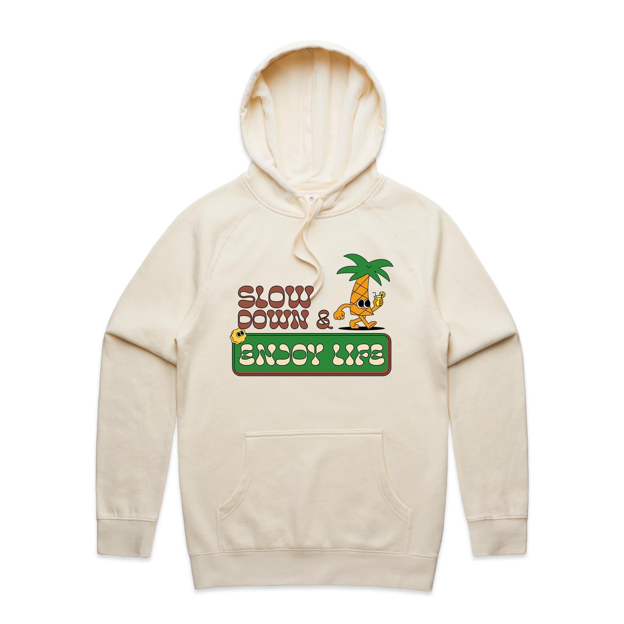 Slow Down And Enjoy Life, Palm Tree - Mens Hoodie Ecru Mens Hoodie Printed In Australia Summer