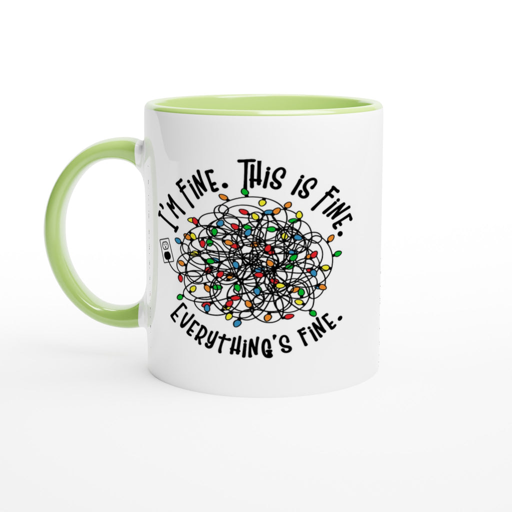 Tangled Christmas Lights, I'm Fine, This Is Fine, Everything's Fine - White 11oz Ceramic Mug with Colour Inside Ceramic Green Christmas Colour Mug Christmas Globally Fulfilled