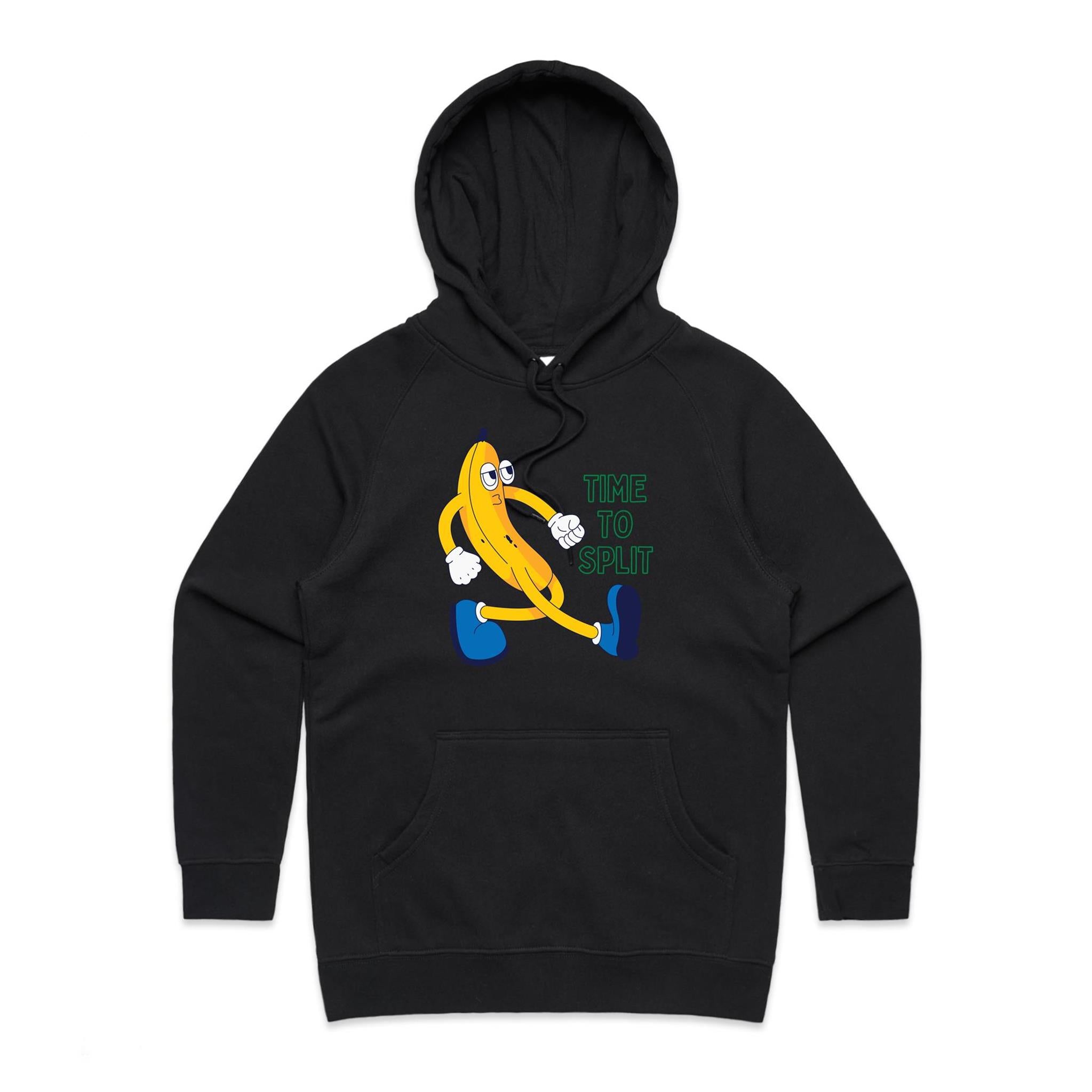 Banana, Time To Split - Womens Hoodie Black Womens Hoodie Food Printed In Australia