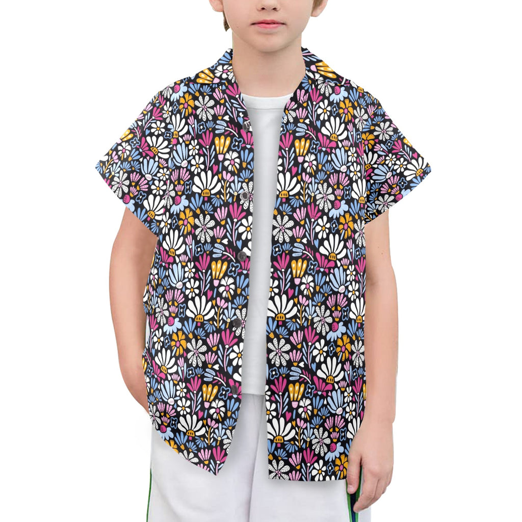Graphic Flowers On Black Senior Kids Hawaiian Shirt