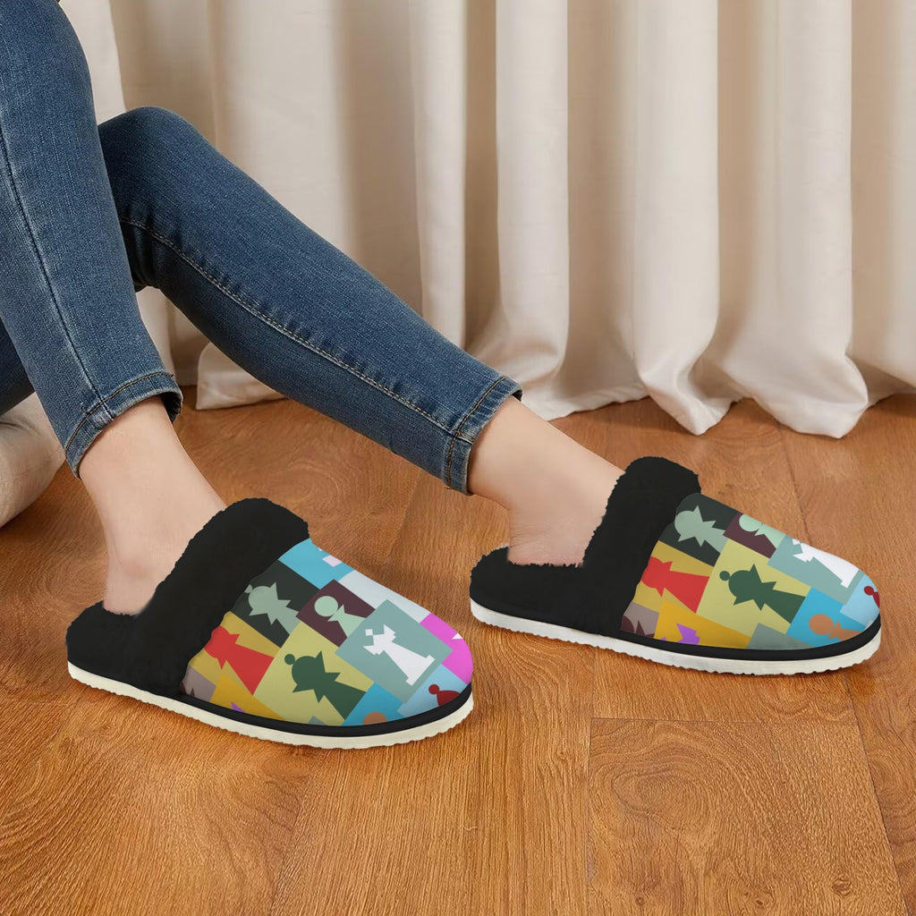 Colourful Chess Women's Fur Trim Thick-Sole Indoor Slippers Women's Fur Trimmed Slippers Chess Games Printed Offshore