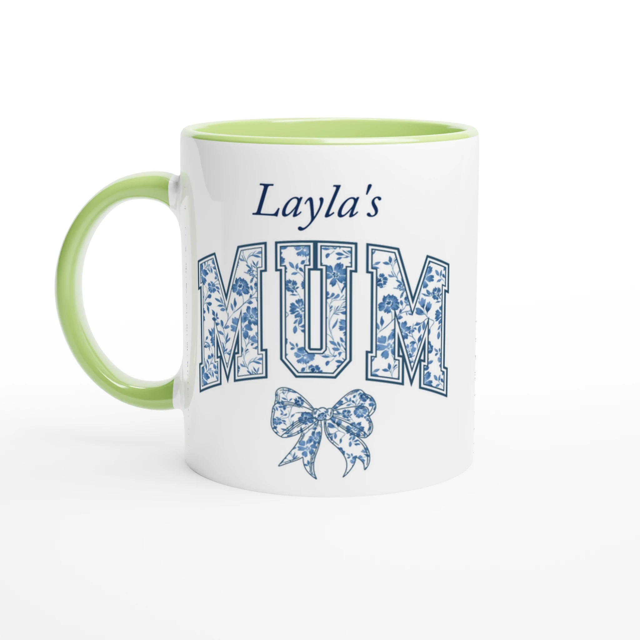 Personalise - Mum, Blue Floral - 11oz Ceramic Mug Ceramic Green Personalised 11oz Mug customise Globally Fulfilled Mum Name personalise