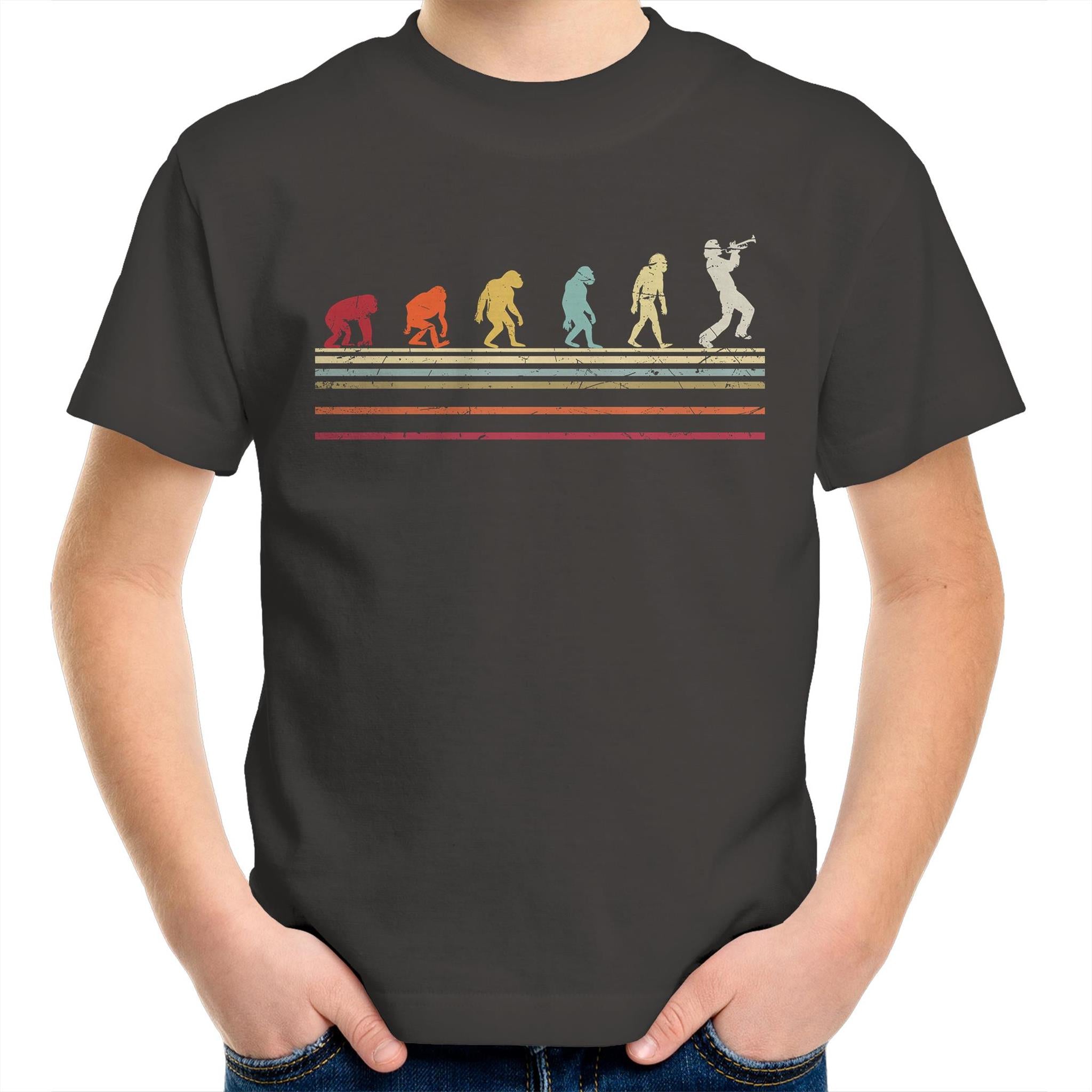 Trumpet Player Evolution - Kids Youth T-Shirt Charcoal Kids Youth T-shirt Music Printed In Australia