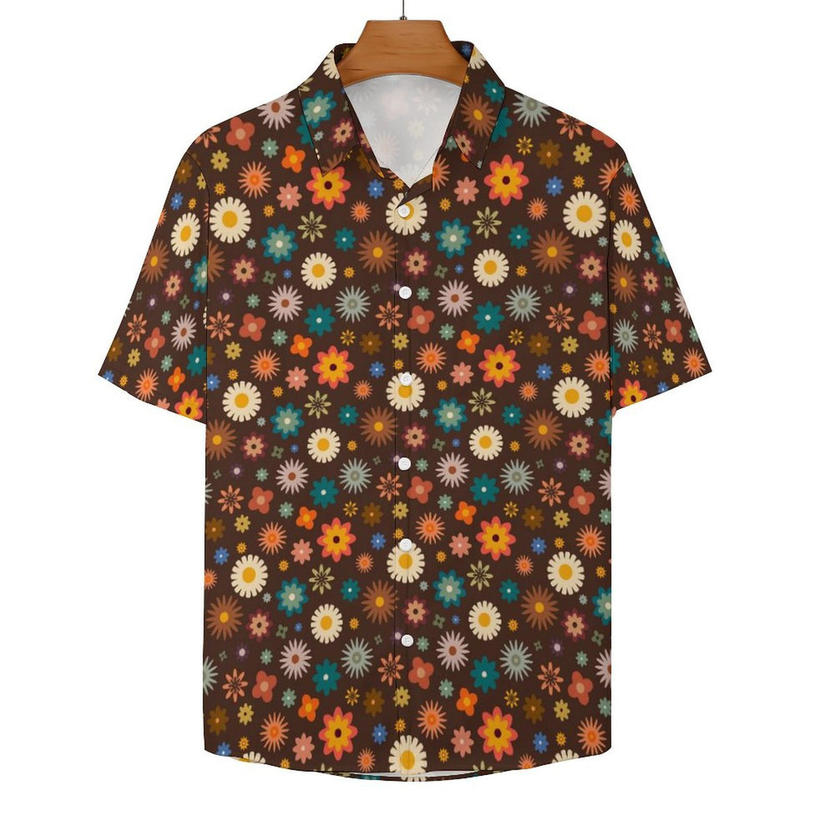 Abstract Floral On Brown Women's Collared Pocketless Short Sleeve Shirt