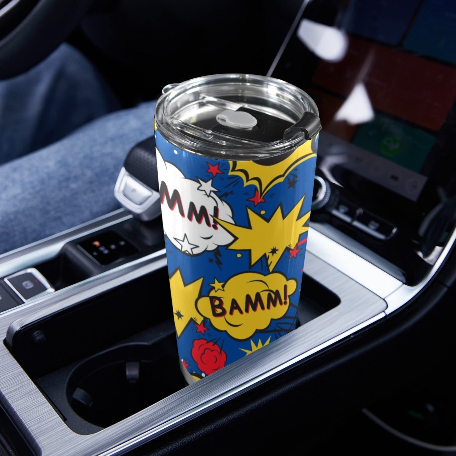 Blue Comic Book - 20oz Mobile Tumbler with Lid (Black Lock) 20oz Travel Mug comic Printed Offshore