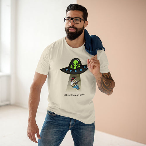 Alien UFO, At Least I Have My Guitar - Men's Staple Tee Natural Mens Premium T-Shirt Music Printed in AU and US Sci Fi