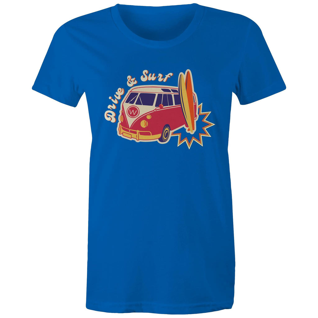 Drive And Surf - Womens T-shirt Bright Royal Womens T-shirt Printed In Australia Summer Surf