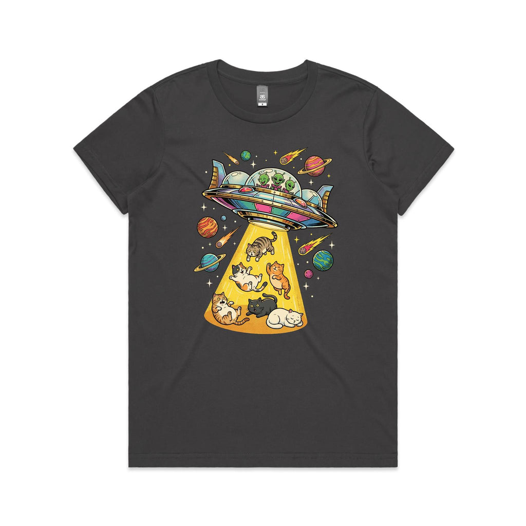 UFO Cat Abduction Women's AS Colour T-shirt Charcoal Womens T-shirt animal Printed In Australia Sci Fi