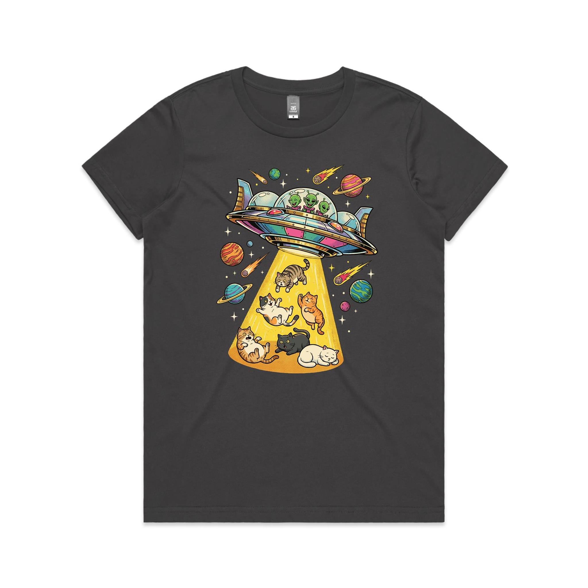 UFO Cat Abduction Women's AS Colour T-shirt Charcoal Womens T-shirt animal Printed In Australia Sci Fi