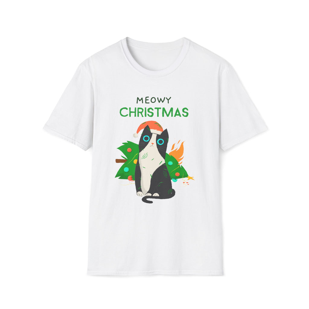 Meowy Christmas, Cat With Burning Christmas Tree - Unisex Softstyle T-Shirt