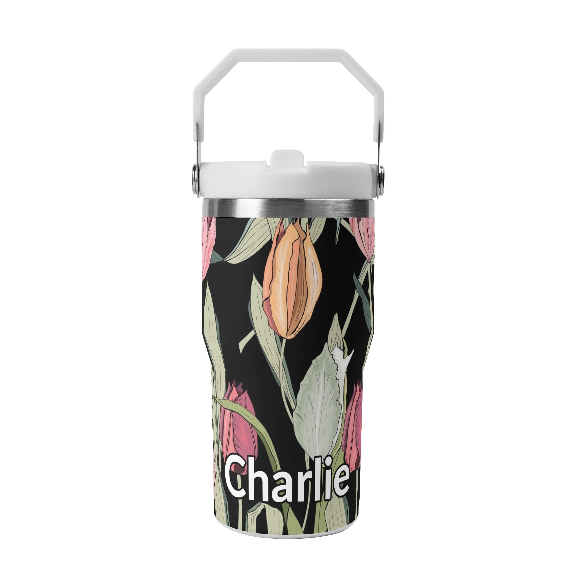 Personalised Tulips 20oz Stainless Steel Tumbler Screw On Lid With Straw Default Title Personalised 20oz Tumbler with Top Handle Globally Fulfilled Plants