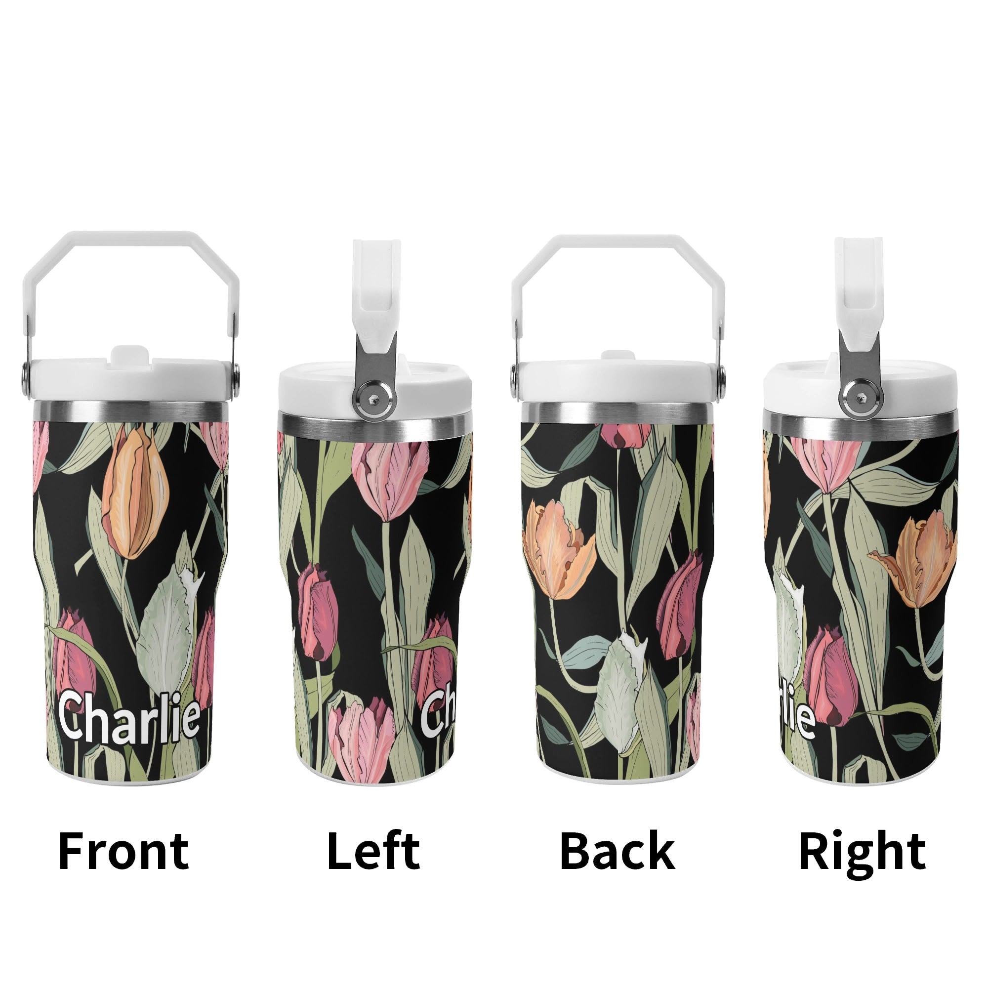Personalised Tulips 20oz Stainless Steel Tumbler Screw On Lid With Straw Personalised 20oz Tumbler with Top Handle Globally Fulfilled Plants