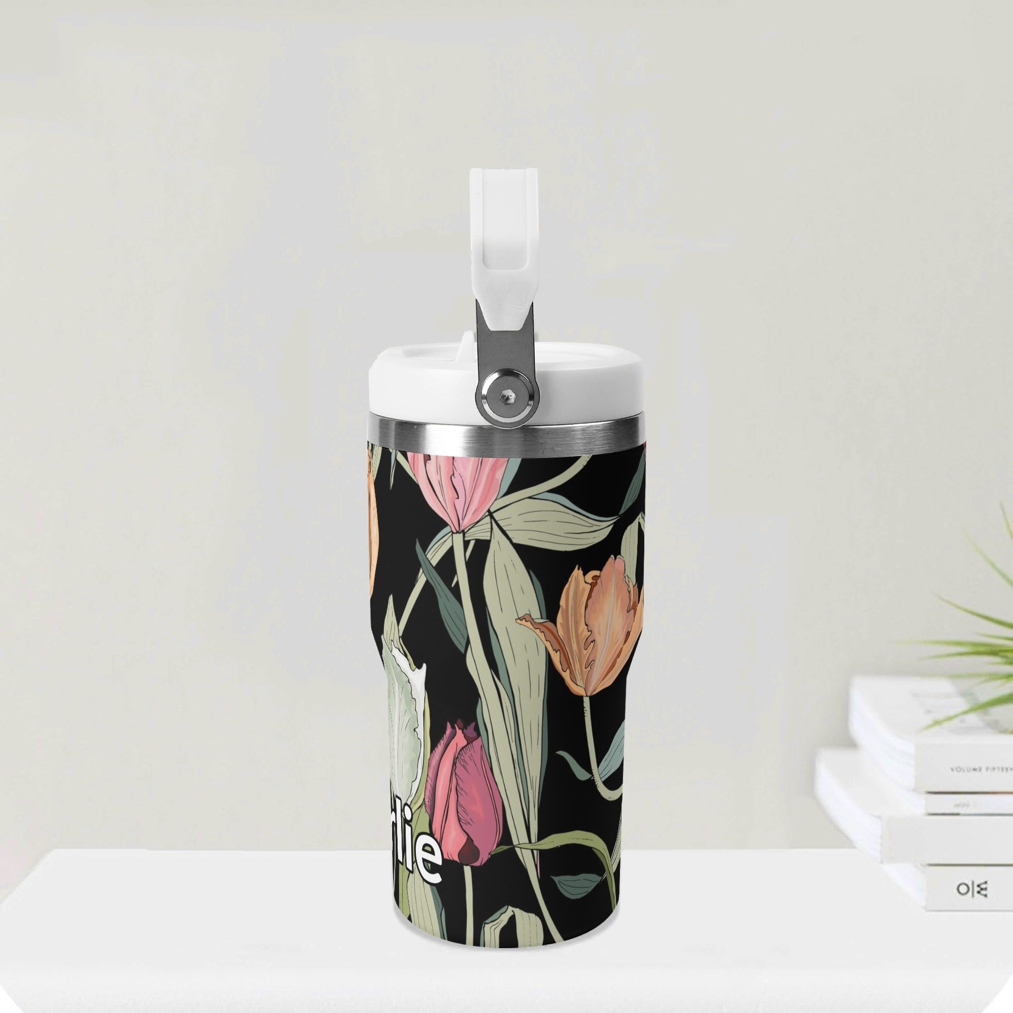 Personalised Tulips 20oz Stainless Steel Tumbler Screw On Lid With Straw Personalised 20oz Tumbler with Top Handle Globally Fulfilled Plants