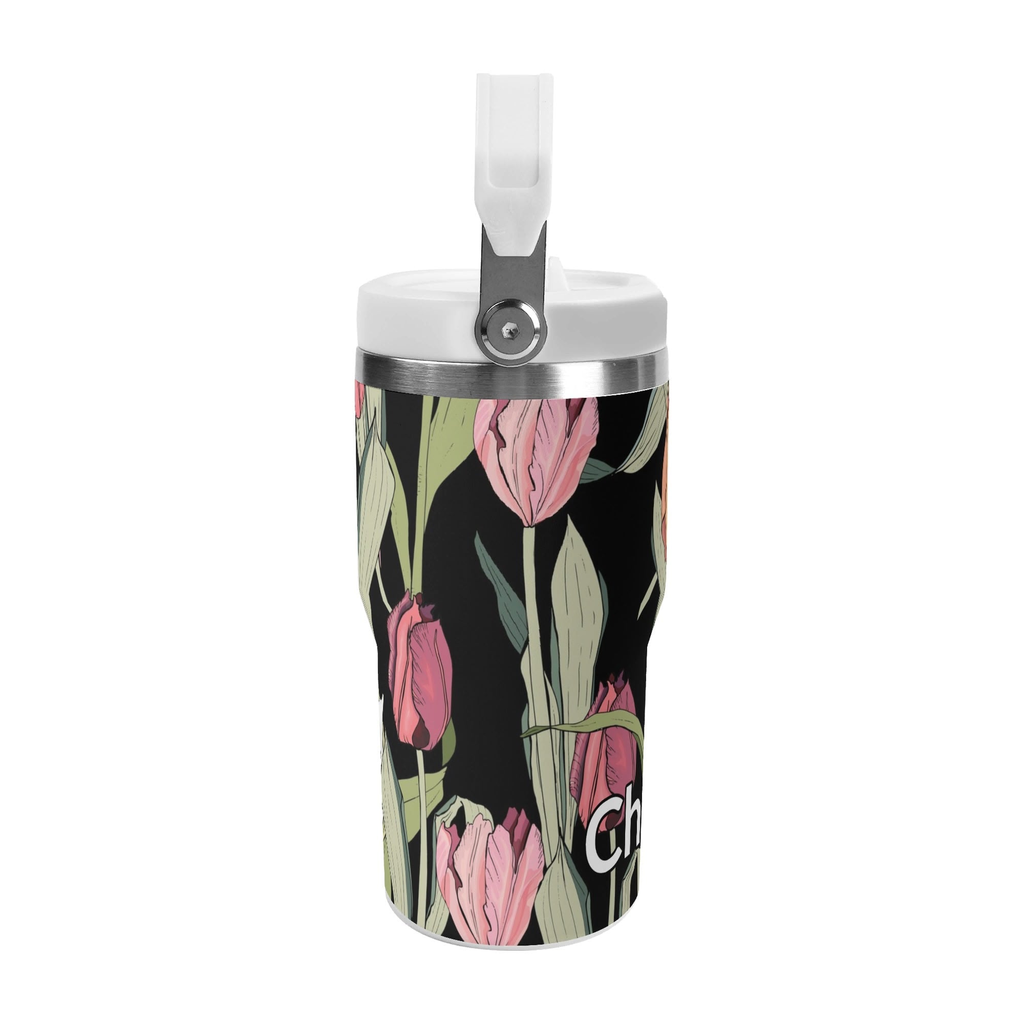 Personalised Tulips 20oz Stainless Steel Tumbler Screw On Lid With Straw Personalised 20oz Tumbler with Top Handle Globally Fulfilled Plants
