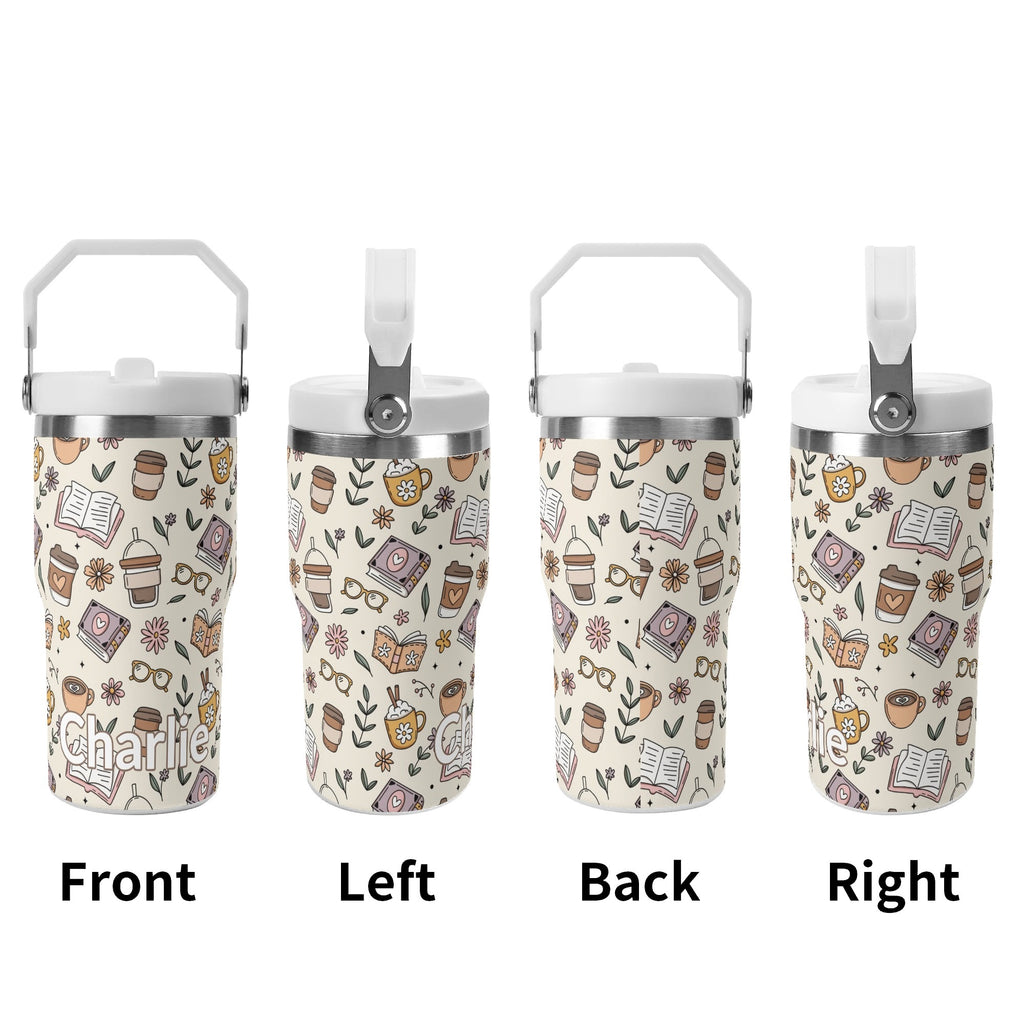Personalised Books And Coffee 20oz Stainless Steel Tumbler Screw On Lid With Straw Personalised 20oz Tumbler with Top Handle Coffee Printed Offshore Reading