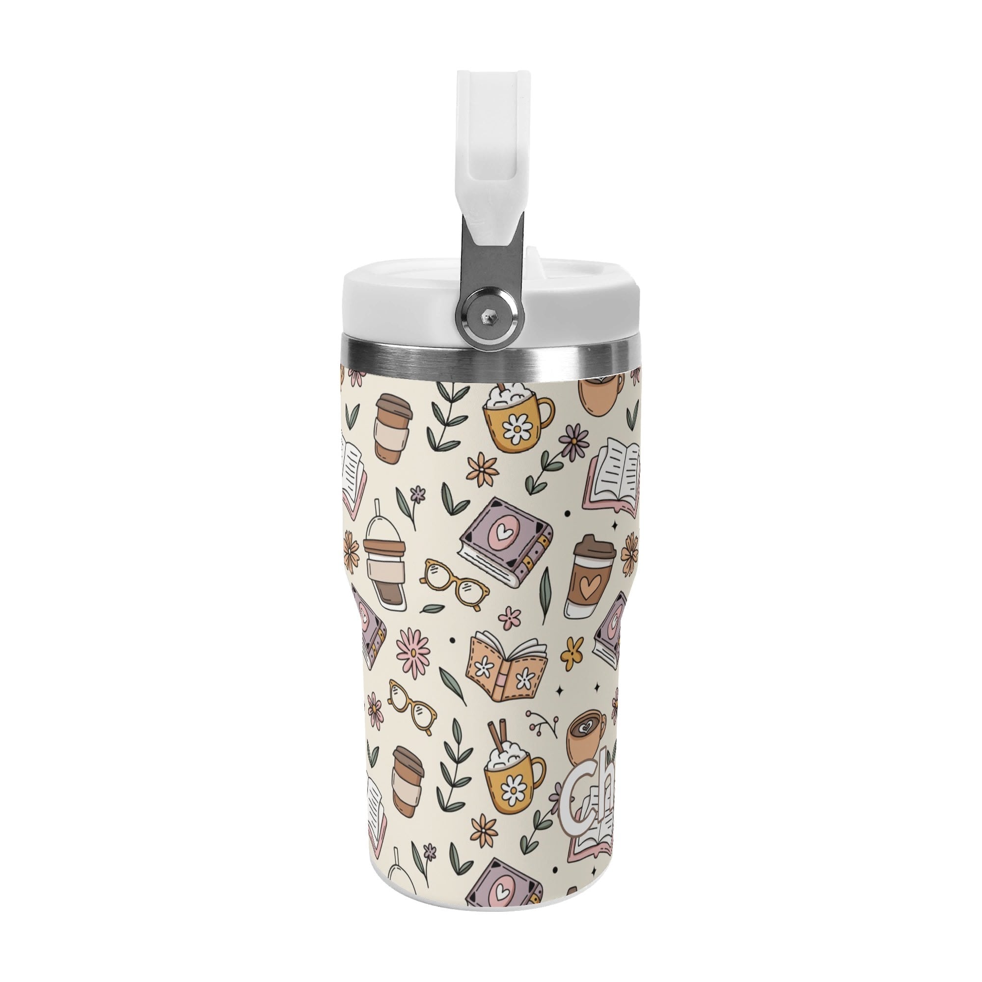 Personalised Books And Coffee 20oz Stainless Steel Tumbler Screw On Lid With Straw Personalised 20oz Tumbler with Top Handle Coffee Printed Offshore Reading