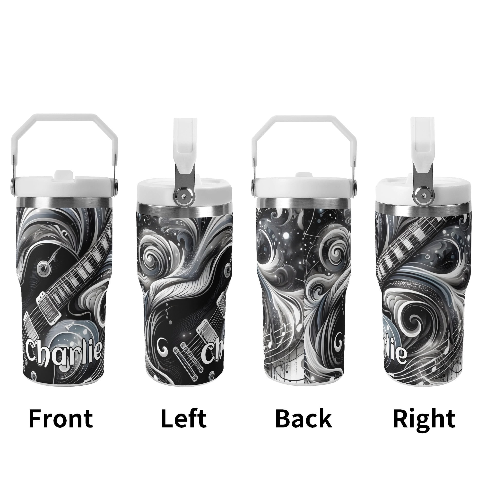 Personalised Black And White Guitar 20oz Stainless Steel Tumbler Screw On Lid With Straw Personalised 20oz Tumbler with Top Handle Music Printed Offshore