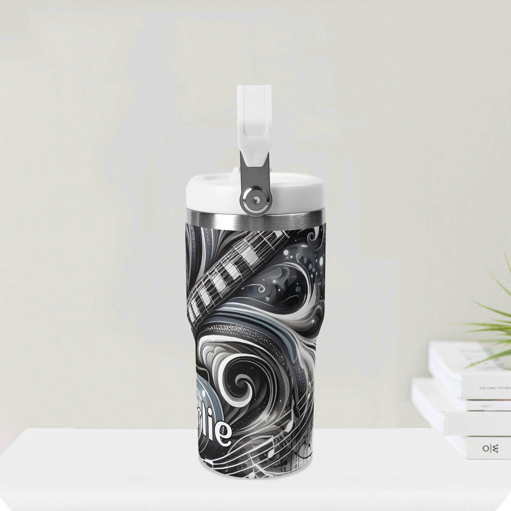 Personalised Black And White Guitar 20oz Stainless Steel Tumbler Screw On Lid With Straw Personalised 20oz Tumbler with Top Handle Music Printed Offshore
