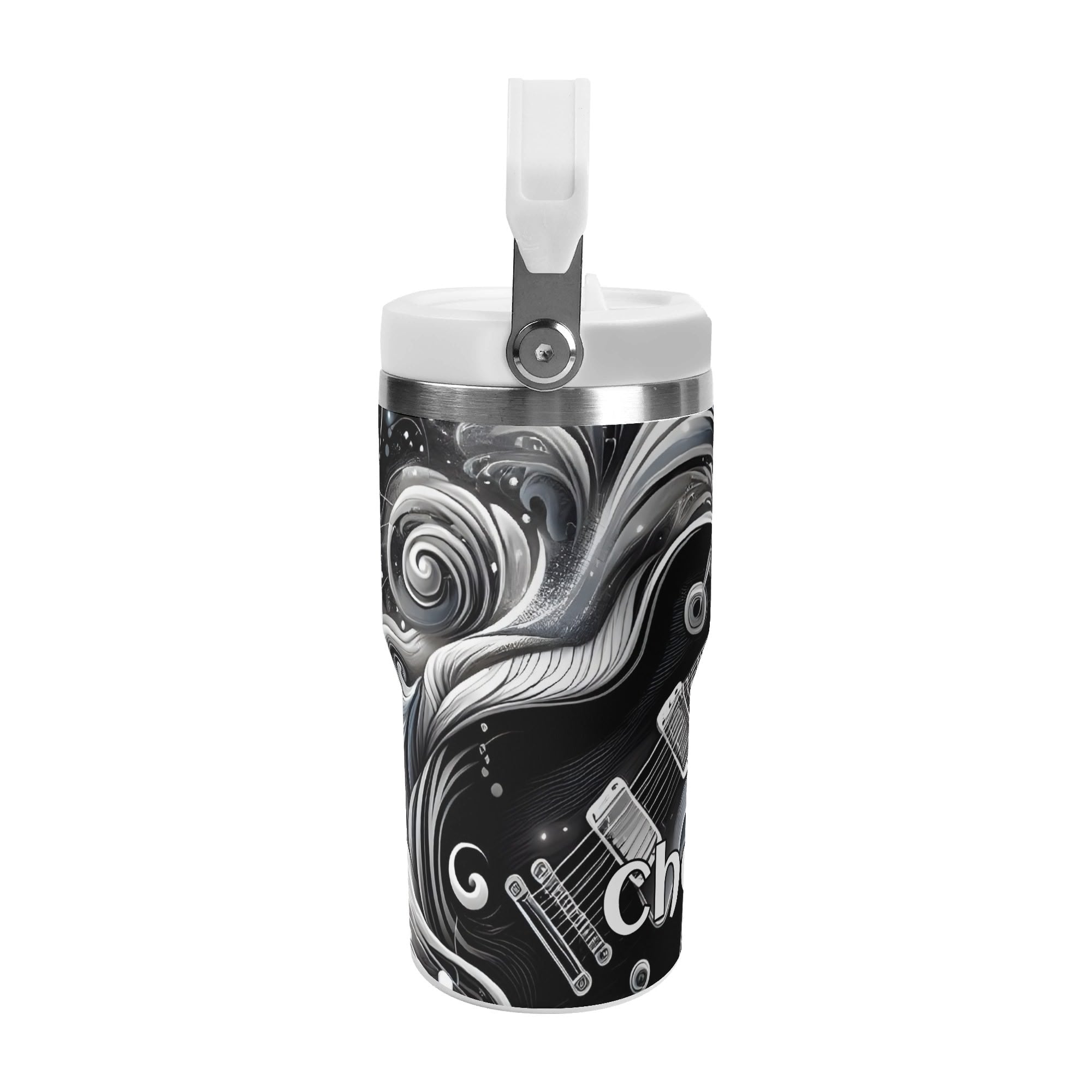 Personalised Black And White Guitar 20oz Stainless Steel Tumbler Screw On Lid With Straw Personalised 20oz Tumbler with Top Handle Music Printed Offshore