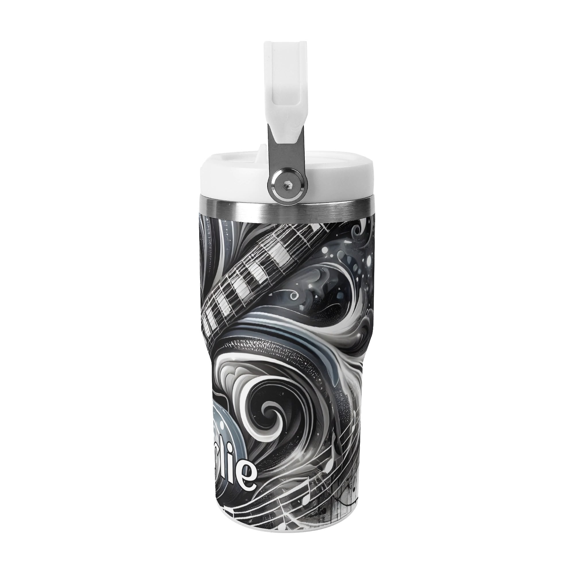 Personalised Black And White Guitar 20oz Stainless Steel Tumbler Screw On Lid With Straw Personalised 20oz Tumbler with Top Handle Music Printed Offshore