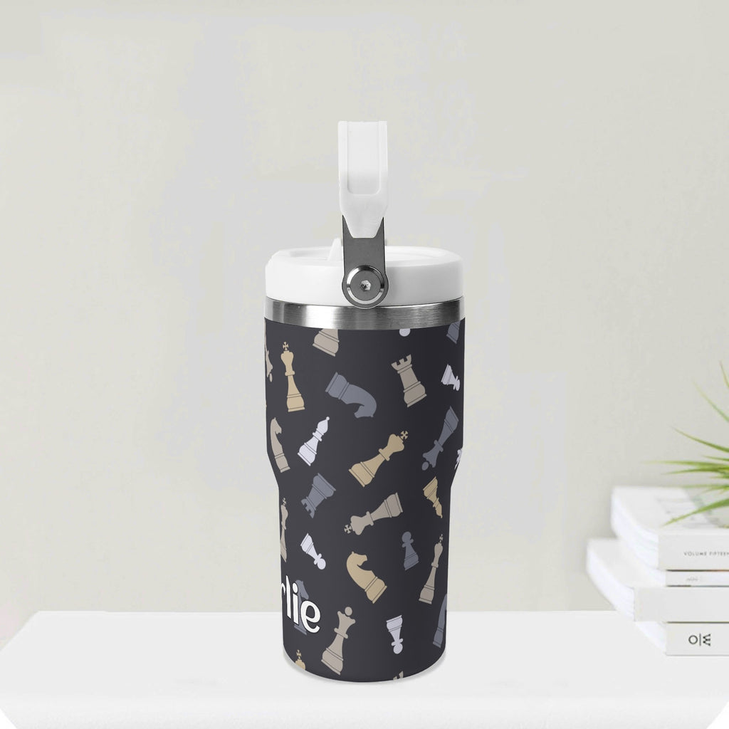 Personalised Chess Pattern 20oz Stainless Steel Tumbler Screw On Lid With Straw Personalised 20oz Tumbler with Top Handle Chess Games Printed Offshore