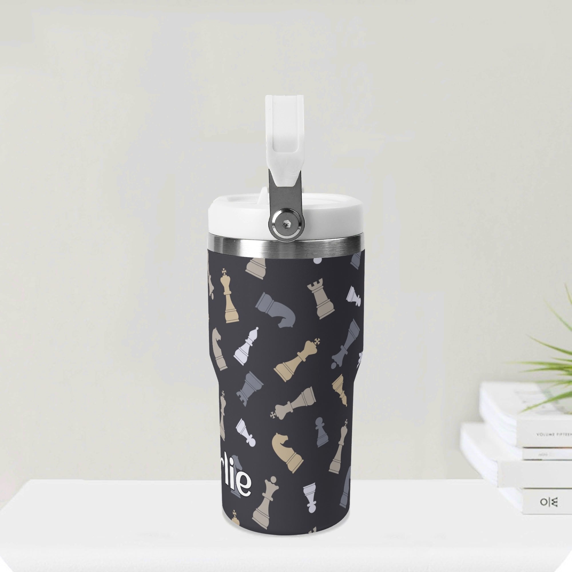 Personalised - Chess Pattern - 20oz Stainless Steel Tumbler Screw On Lid With Straw Personalised 20oz Tumbler with Top Handle Chess Games Printed Offshore