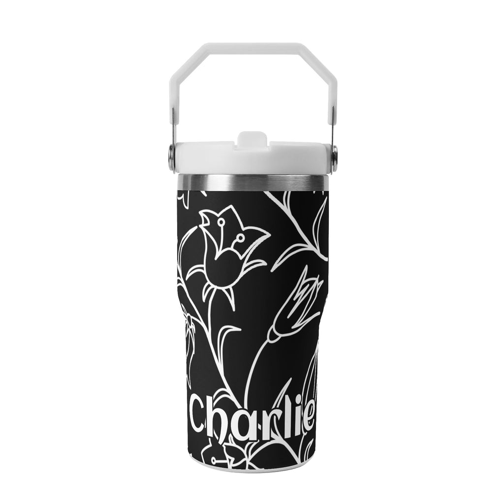 Personalised Black And White Floral 20oz Stainless Steel Tumbler Screw On Lid With Straw Default Title Personalised 20oz Tumbler with Top Handle Printed Offshore