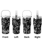Personalised Black And White Floral 20oz Stainless Steel Tumbler Screw On Lid With Straw Personalised 20oz Tumbler with Top Handle Printed Offshore