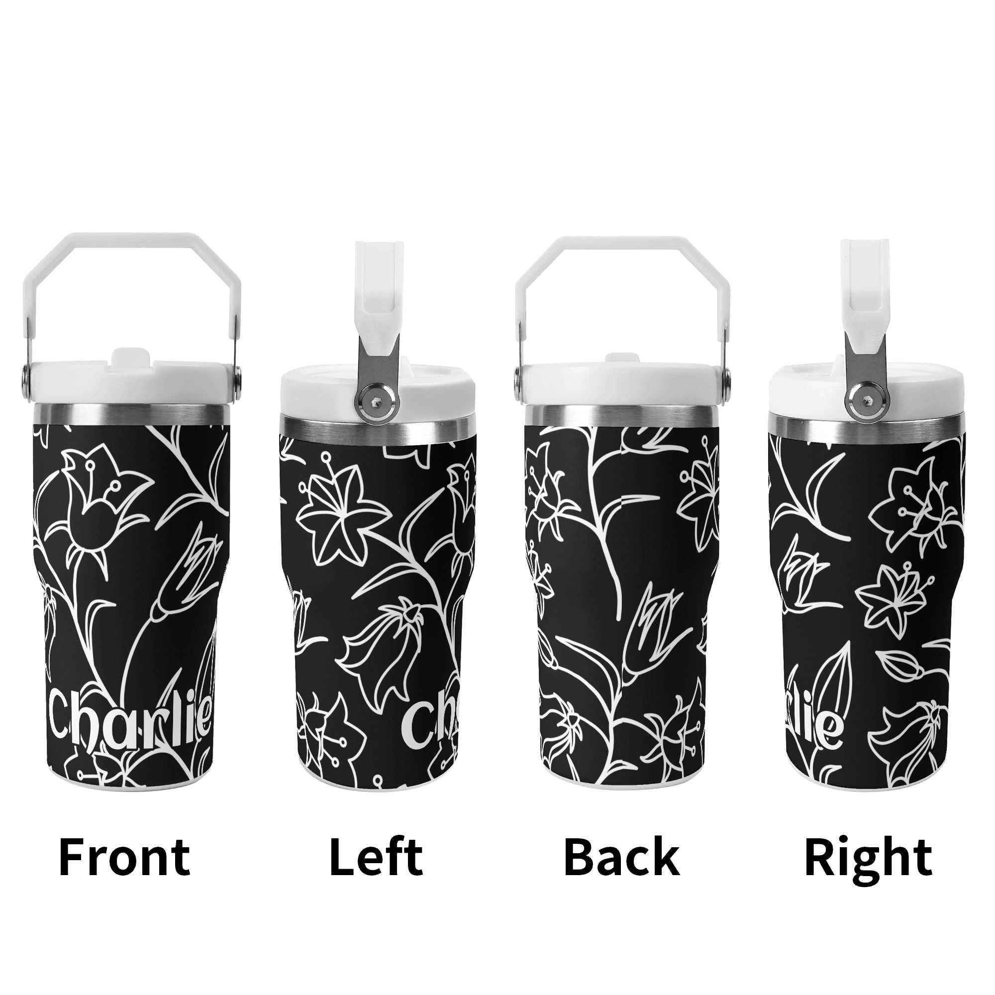 Personalised Black And White Floral 20oz Stainless Steel Tumbler Screw On Lid With Straw Personalised 20oz Tumbler with Top Handle Printed Offshore