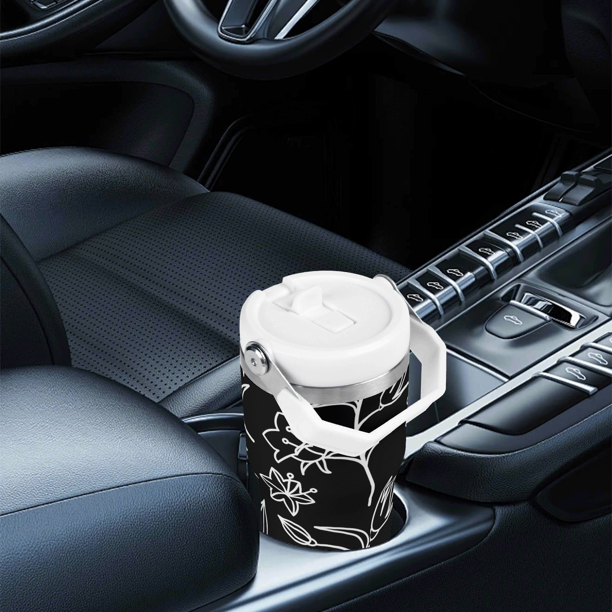 Personalised Black And White Floral 20oz Stainless Steel Tumbler Screw On Lid With Straw Personalised 20oz Tumbler with Top Handle Printed Offshore