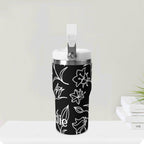 Personalised Black And White Floral 20oz Stainless Steel Tumbler Screw On Lid With Straw Personalised 20oz Tumbler with Top Handle Printed Offshore