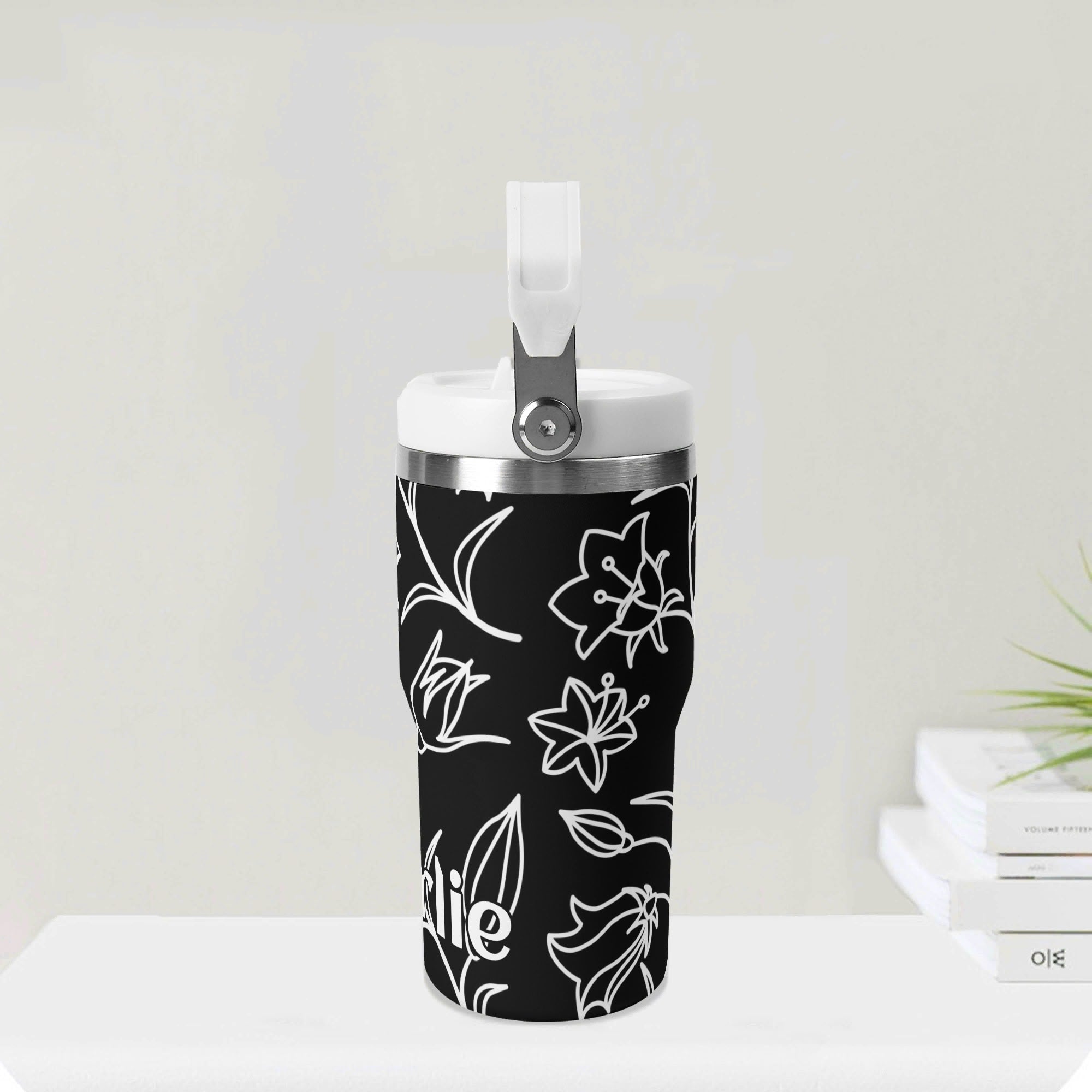 Personalised Black And White Floral 20oz Stainless Steel Tumbler Screw On Lid With Straw Personalised 20oz Tumbler with Top Handle Printed Offshore