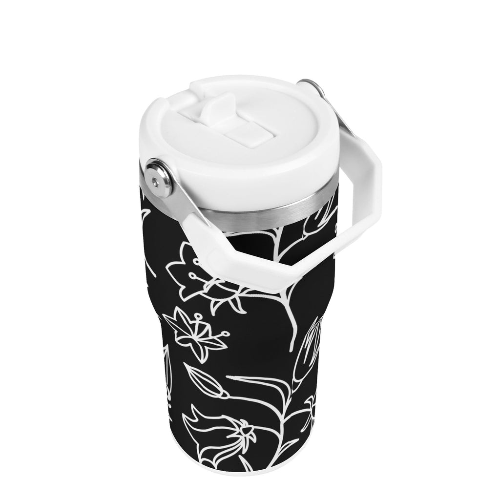 Personalised Black And White Floral 20oz Stainless Steel Tumbler Screw On Lid With Straw Personalised 20oz Tumbler with Top Handle Printed Offshore